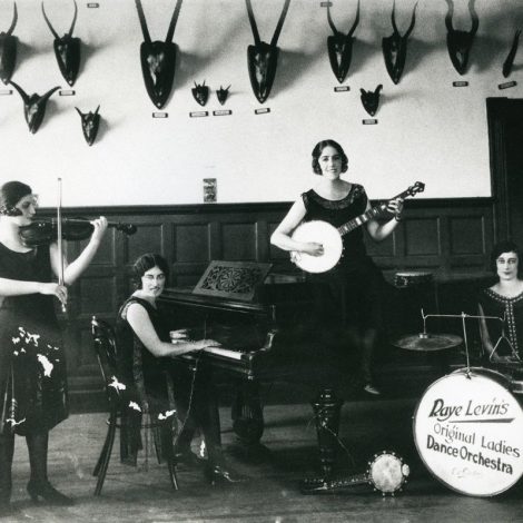 Jillian Edelstein’s great aunts Rosie (drums) and Raye Levin (piano), taken in Cape Town in the early 1930s, members of (as inscribed on the bass drum) Raye Levin’s Original Ladies Dance Orchestra.